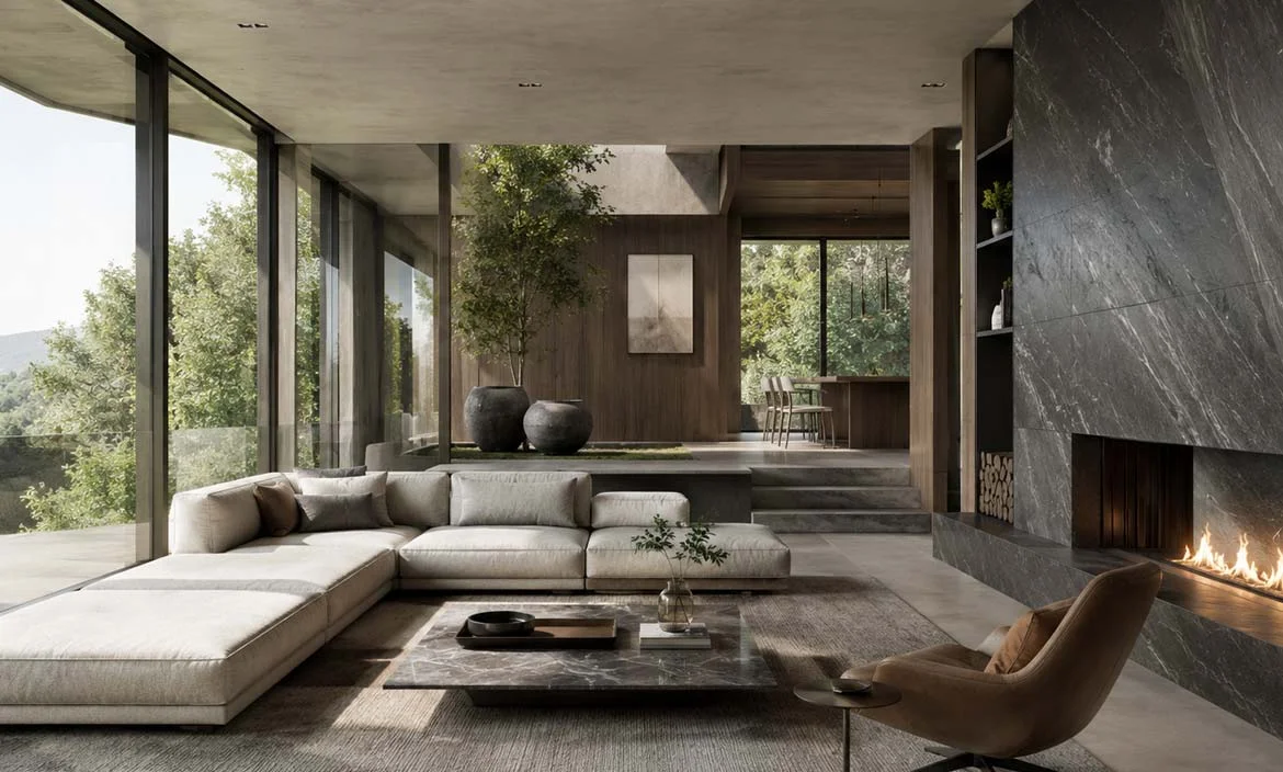 Modern luxury living room with stone fireplace, floor-to-ceiling windows and natural landscape views